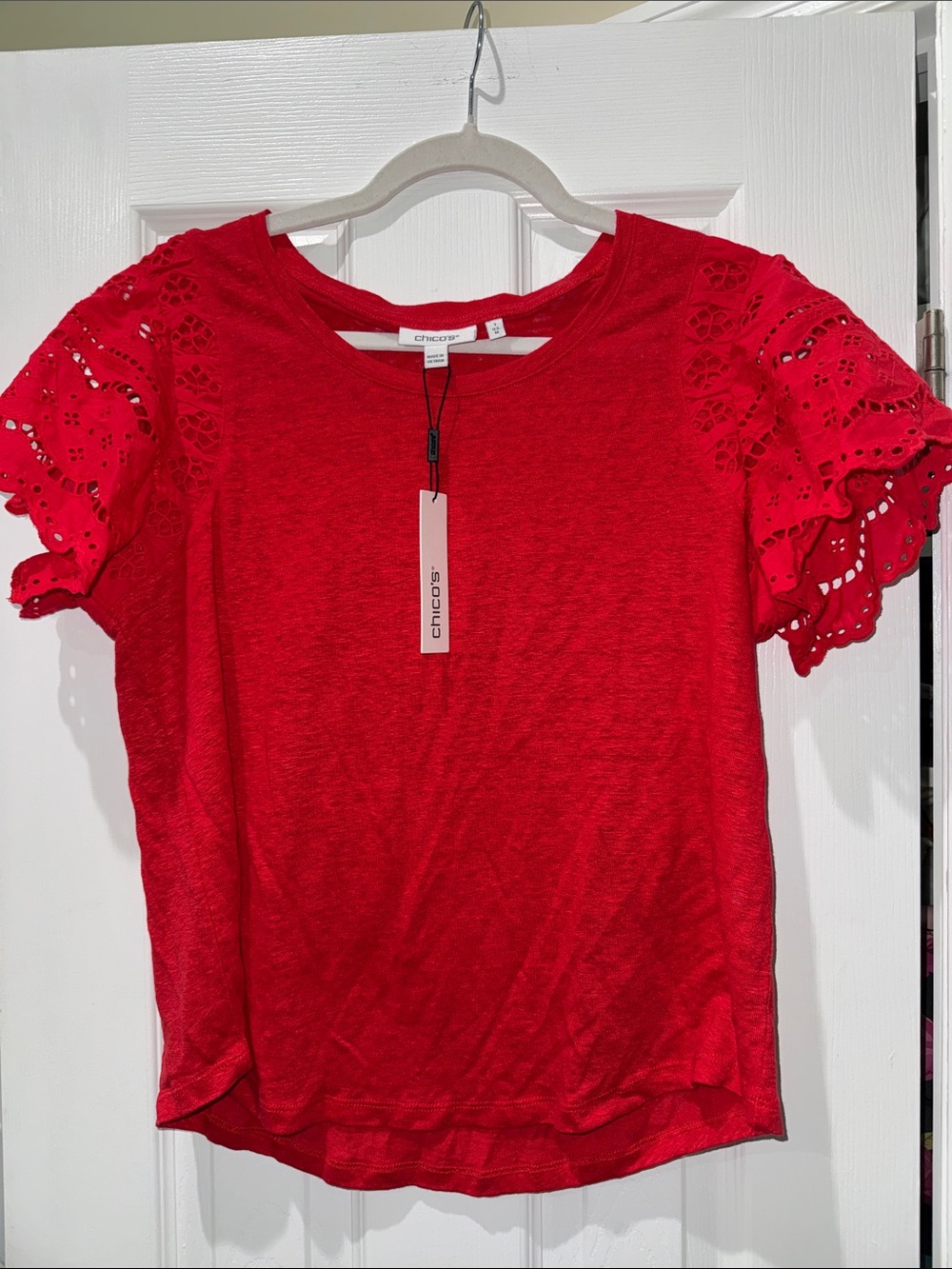 Chico's Bright Red Eyelet Sleeve Short Sleeve Tee